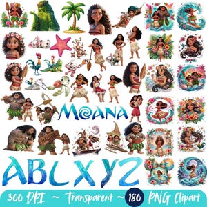 Puede incluir: Una colección digital de ilustraciones con temática de Moana que presenta a Moana, Maui, Pua, Heihei y criaturas marinas. El conjunto incluye varias poses, follaje tropical, olas del mar, una palmera y las letras A, B, L, X, Y, Z y Moana.