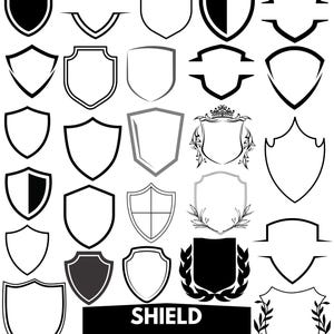 May include: A collection of shield designs in various styles, including solid, outlined, and decorative versions. The shields are in black and white, with a banner at the bottom that reads "SHIELD SVG BUNDLE."