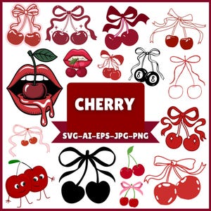 May include: A collection of cherry-themed graphics in various styles. The designs include cherries with bows, a pair of cherries with faces, and a mouth with a cherry. The word "CHERRY" is displayed in a red rectangle.
