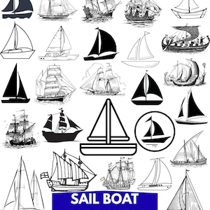 May include: A selection of black and white sailboat illustrations, from simple outlines to detailed drawings of sailing ships. The image features the text "SAIL BOAT SVG BUNDLE" in a blue rectangle.