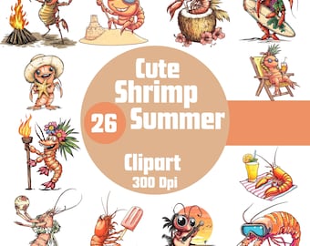 Watercolor Shrimp Clipart Bundle: Sea Animals, Nautical Decor (PNG Download)