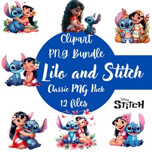 Op de afbeelding: Een digitale clipart PNG-bundel met Lilo en Stitch. De afbeeldingen tonen Lilo en Stitch in verschillende poses, omringd door bloemen en herfstelementen. De tekst op de afbeelding luidt "Clipart PNG Bundle Lilo and Stitch Classic PNG Pack 12 files".