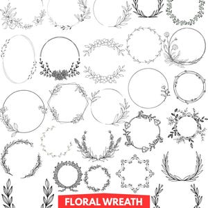 Peut inclure: Une collection de motifs de couronnes florales en noir et blanc, de formes variées, notamment des cercles, des ovales et des hexagones. L'image comprend un rectangle rouge avec le texte "FLORAL WREATH SVG BUNDLE".