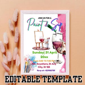 Sip and Paint Party Invitation,Editable Paint & Sip Party Invite,Wine and Paint Birthday Invite,Digital Sip and Paint Invite,InstantDownload