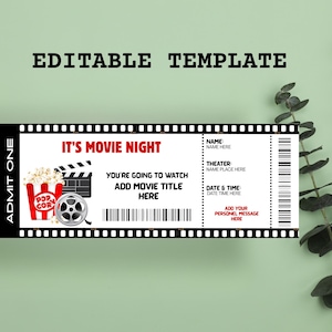 Printable MOVIE Gift Tickets. Cinema Themed Gift Reveal Ticket. Printable boarding pass. Instant Download. Movie Ticket Birthday Party