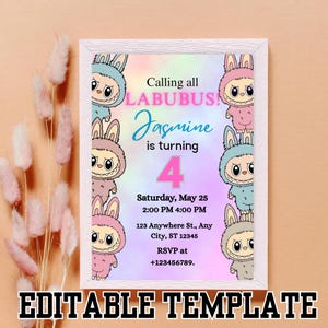Labubu Birthday Invitation Template: Printable Party Invite, Canva Editable (5x7, Digital Download