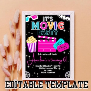 Movie Night Birthday invitation, for girl, pink, Movie Night Birthday Party invitation, Editable Movie Night Birthday, Backyard Movie Night