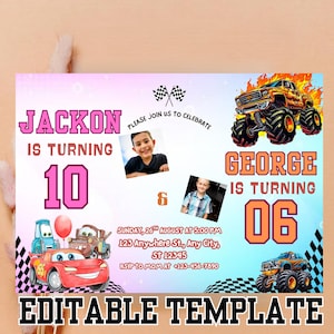 CANVA Template Joint Invitation, Cars Birthday Invite Joint Photo Invite, Sibling Birthday Party Printable Monster Truck Birthday Invitation