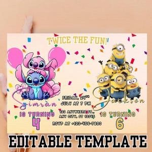 Joint party invitation, Sibling birthday invitation, Double Birthday Invitation, Twins Birthday Invite, Kids Birthday Invite, Canva Template