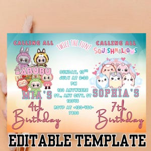 Editable Sibling Birthday Invitation, Double Birthday Invite, Dual Combined Twins, Twin Girls Double Invite Editable with Canva Joint Invite