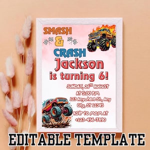 Monster Truck Birthday Invitation | Editable Canva Template | Boys 2nd Birthday Invite | Monster Jam Party | Watercolor Trucks Theme