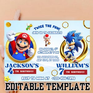 Editable Sibling Birthday Invitation Double Birthday Invite, Dual Combined Twins, Boy and Girl Double Invite, Canva Editable Siblings Invite