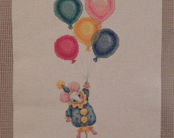 Mouse With Balloons Cross Stitch Picture - Completed & Handmade