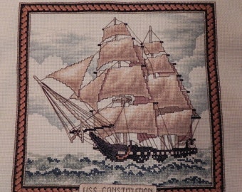 Tall Ship U.S.S. Constitution Cross Stitch Picture - Completed & Handmade