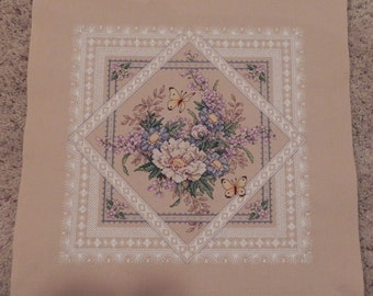 Flowers and Lace Cross Stitch Picture - Completed & Handmade