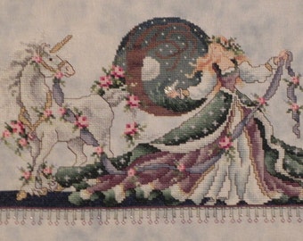 Unicorn and Princess Cross Stitch Picture - Completed & Handmade