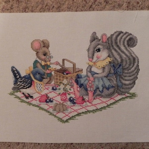 Animal Picnic Cross Stitch Picture Completed & Handmade image 1