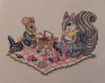 Animal Picnic Cross Stitch Picture - Completed & Handmade