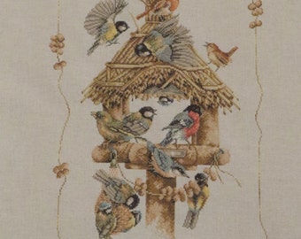 Gathering Birds Cross Stitch Picture - Completed & Handmade