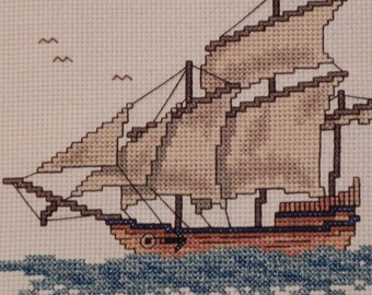 Sailing Ship Cross Stitch Picture - Completed & Handmade