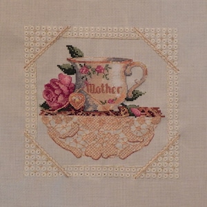 Mother Teacup and Roses Cross Stitch Picture - Completed & Handmade