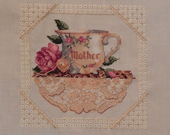 Mother Teacup and Roses Cross Stitch Picture - Completed & Handmade