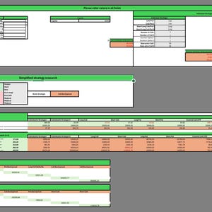May include: A spreadsheet with green and orange highlighted cells, containing financial data and calculations. The top section includes fields for entering values. The middle section is labeled "Simplified strategy research". The bottom section shows a table with data.