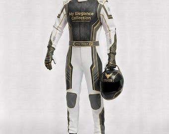 Traje de carreras personalizado blanco y negro - Uniforme de carreras de estilo profesional - Traje de karting con diseño de llamas (homologado por CIK/FIA) - Colección My Elegance