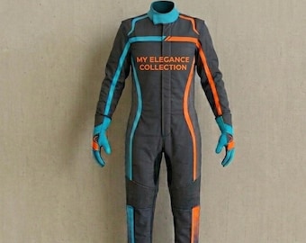 Custom Gray, Blue and Orange Racing Suit-Professional Style Racing Uniform - Flame Design Go-Kart Suit (CIK/FIA Approved)