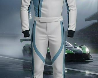 Premium Go Kart Racing Suit, Blue White Customized Race Suit for Men & Women, Lightweight Karting Outfit, Moto Race,Professional Racing Gear