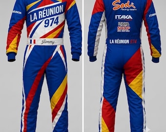 Traje de carreras de karts personalizado - Equipación premium La Réunion 974 Motorsport - Traje de carreras totalmente sublimado con nombre y número personalizados