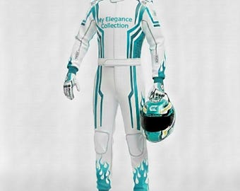 Traje de carreras personalizado blanco y verde azulado - Uniforme de carreras de estilo profesional - Traje de kart con diseño de llamas - Colección My Elegance