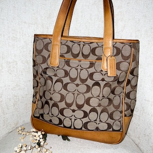 Coach Top Handle Bag 6092 – Brown Signature Jacquard with Bright Orange Lining
