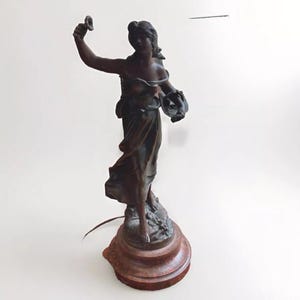 Vintage French Art Nouveau Lamp Sculpture Signed Aug Moreau – Bronze Finish Woman on Wood Base – Working Light