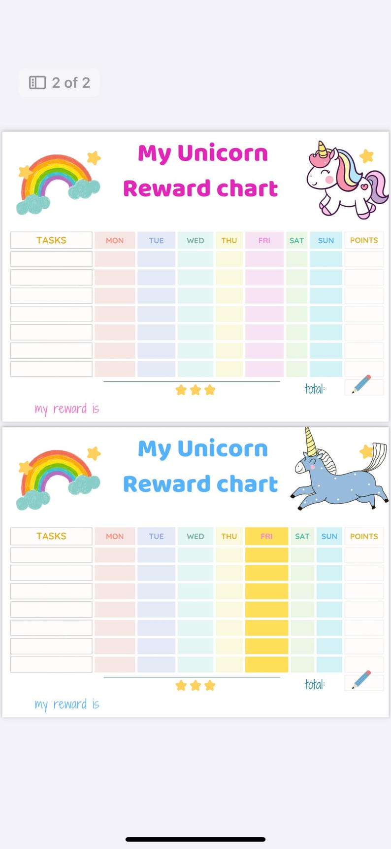 Printable Unicorn Reward Chart for Kids - 2 in 1 Bundle - Pink & Blue ...