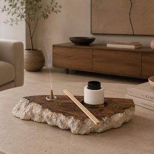 Puede incluir: Una bandeja decorativa hecha de una losa de madera natural con un borde de piedra blanca rugosa. La bandeja incluye un pequeño cono de incienso encendido en un soporte de metal, un frasco difusor cilíndrico blanco con tapa negra y varillas difusoras.