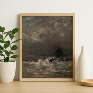 Stormy Sea Lighthouse Painting, Dramatic Ocean Wall Art, Moody Seascape Printable, Digital Download Vintage Marine Art #119