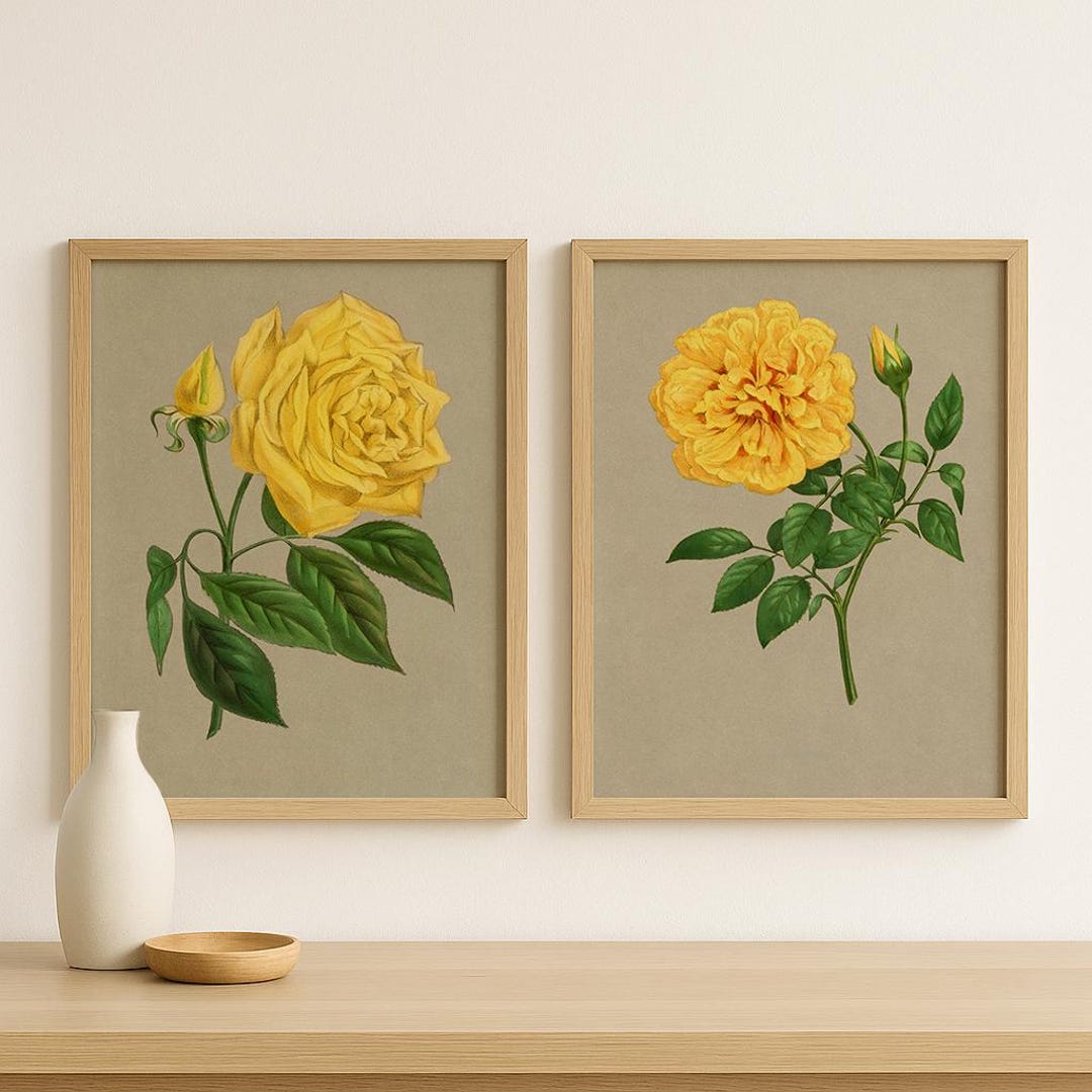 Yellow Rose Botanical Print Set, Vintage Floral Wall Art, Classic ...