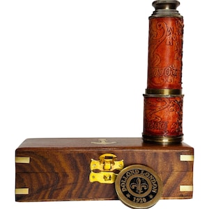 Antique Style Brass Spyglass Telescope with Wooden Box – Dollond London 1920" Engraved Vintage Nautical Décor, Handmade Collectible Gift