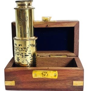 Handmade Engraved Brass Telescope 6 Inch – Polished Spyglass with Wooden Box, Nautical Decor Gift, Vintage Style Telescope Occasions Gifts