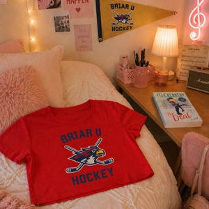 Puede incluir: Una camiseta corta roja con el texto "BRIAR U HOCKEY" y un logotipo con un pájaro y palos de hockey cruzados. La camiseta está sobre una cama con una almohada rosa y un banderín que dice "BRIAR U HOCKEY".