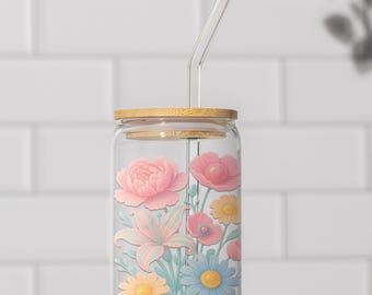 Copo de vidro floral pastel personalizado: copo de café gelado de 16 oz com tampa de bambu