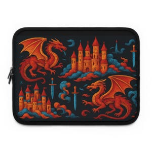 Fiery Dragons & Mystic Castles | Mystical Dragon Laptop Sleeve, Fantasy Laptop Case, Stylish Tech Organizer, Dragon Lover Accessories