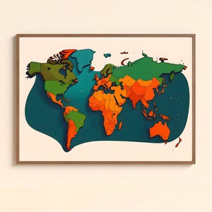 Mapa del mundo moderno y colorido para niños / Arte mural ilustrado imprimible / Mapa con estilo de dibujos animados
