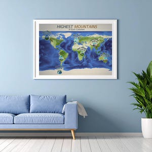 Carte du monde avec les plus hautes montagnes de chaque continent - Jeux éducatifs à imprimer pour les enfants