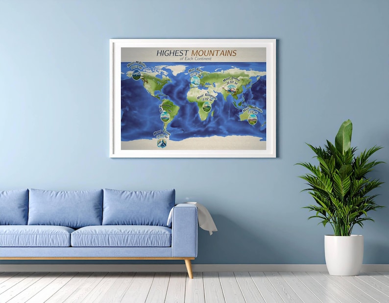 Picture Idea: World Map With Highest Mountains On Each Continent
