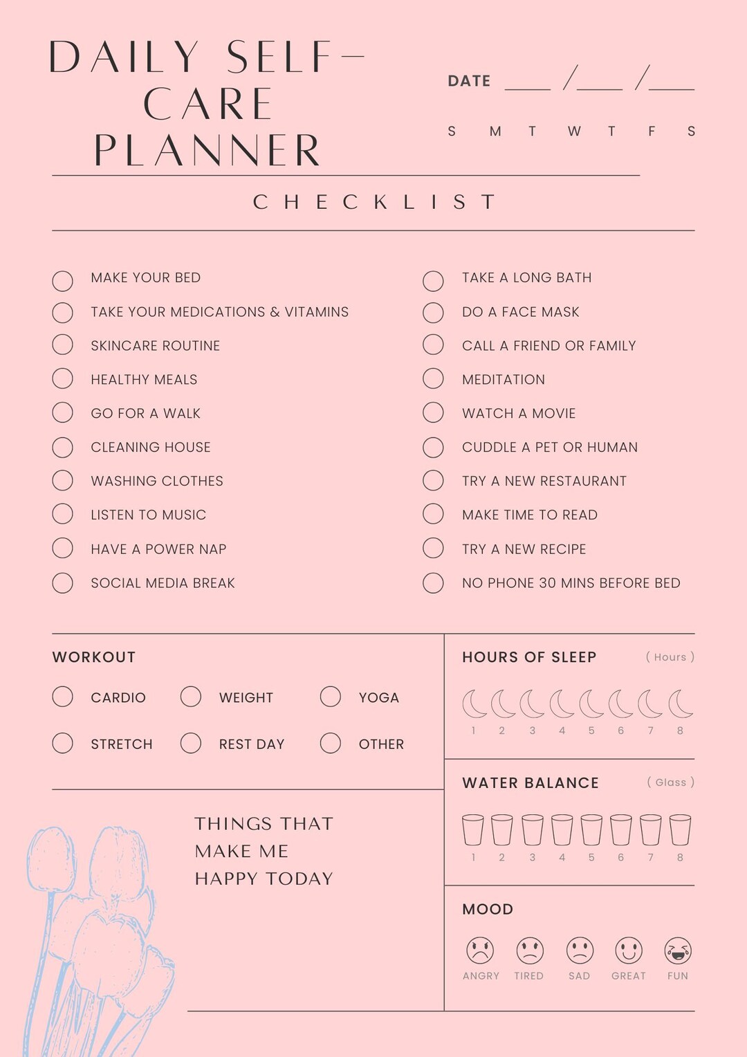 Pink Self Care Planner PDF | Printable Daily Self Care Checklist ...
