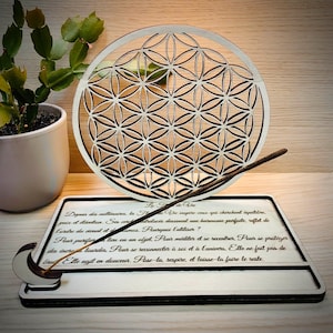 Incense holder, Flower of Life in wood, Support with moon, well-being engraving, Purification, energy, spirituality Handmade