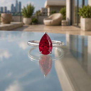 Ring i simulerad rubin i 925 sterlingsilver, päronslipad solitär förlovningsring, droppformad löftesring
