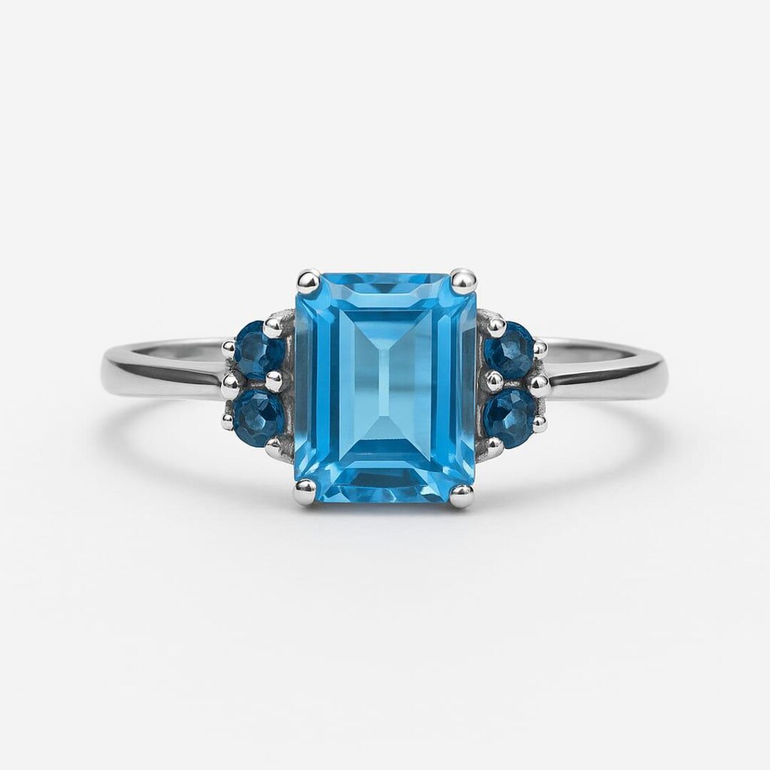 Emerald Cut Swiss Blue Topaz Ring – Sapphire Sterling Silver - Etsy